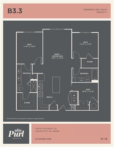 Floor plan for 2 beds, 2 baths, 1269 sqft